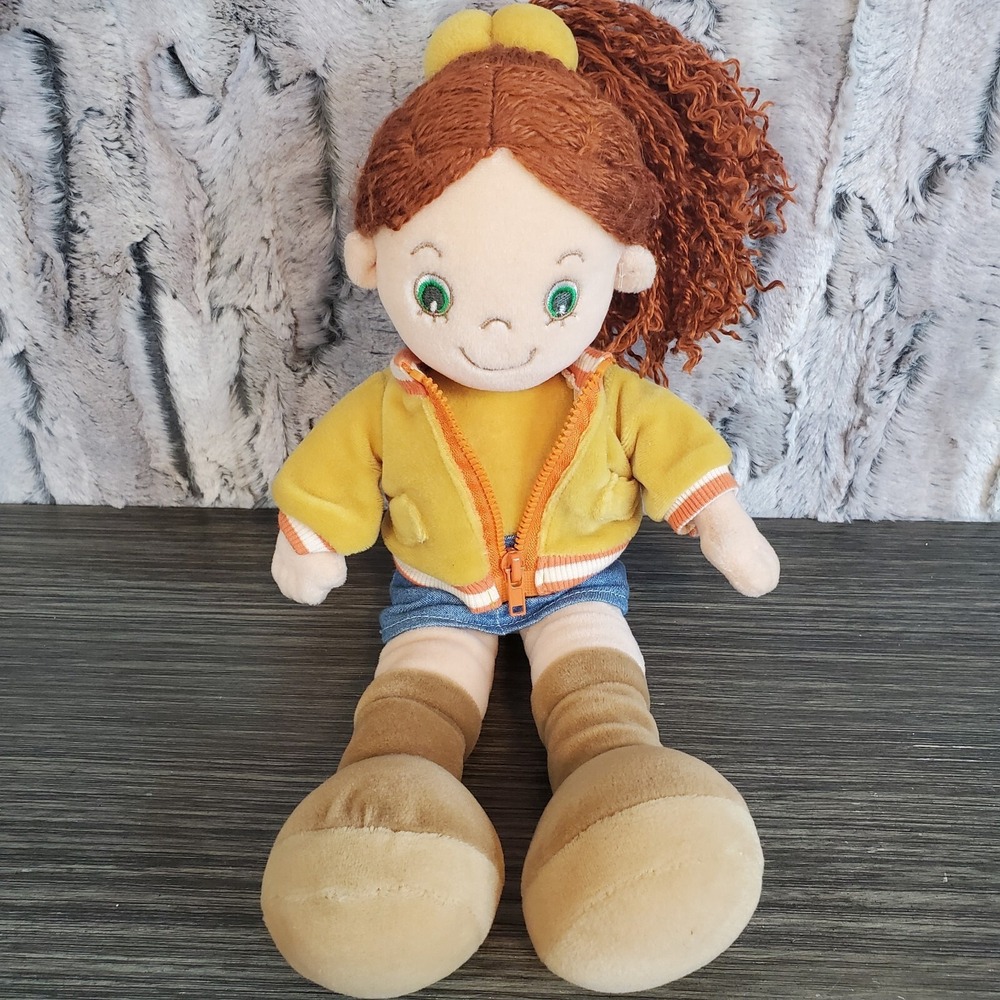 People Pals Curly‎ Red Hair Plush Doll Wearing Jean Skirt Yellow Jacket 13"